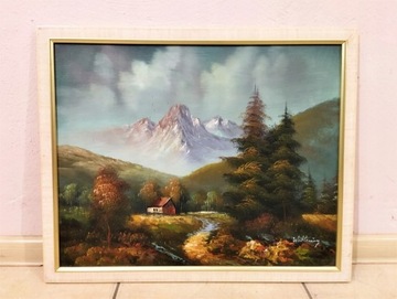 Stylowy olejny obraz na dykcie pejzaż 55x45cm