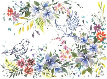 Obraz plakat akwarela kwiaty ptaki 30x40