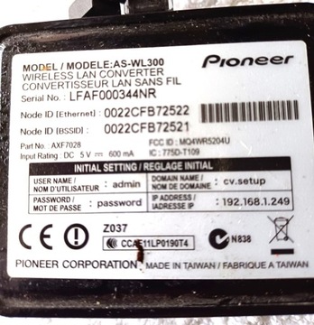 Adapter Wi-Fi Pioneer AS-WL300,używ.sprawny,folia