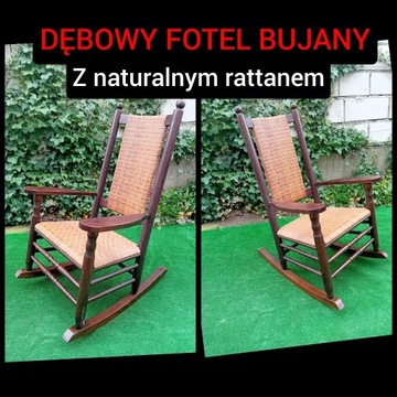 Dębowy fotel bujany z rattanem bujak drewniany 