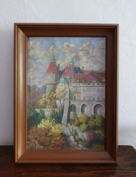 obraz - zamek Książ - olejny, stary ator nn