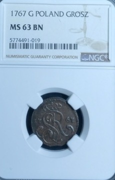 Polska Grosz 1767 G Stanisław August Poniatowski NGC MS 63 BN