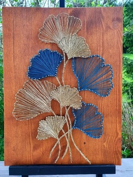 Liść ginko, rękodzieło, obraz, string art