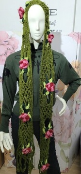 Vintage szal zielony w kwiaty 