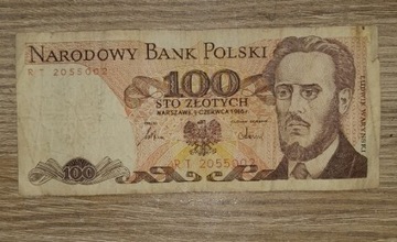 Banknot 100zł z 1986 seria RT2055002