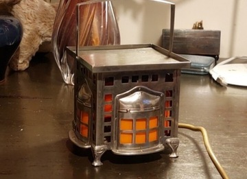 Lampka art deco nikiel i szkło kominek elektryczny