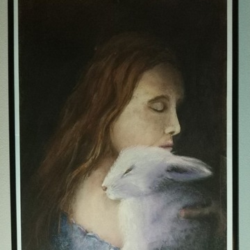 Portret, pastela - Kobieta z królikiem 
