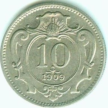 AUSTRIA 10 HELLER 1909 Ni - śliczny stan