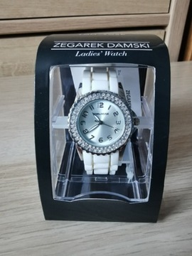 Biały silikonowy zegarek damski z diamencikami 