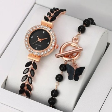 Komplet biżuterii zegarek bransoletka liście motyl