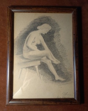 Stary akt kobiecy w ramie ołówek sygnowany 1947