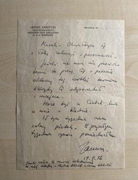 Gen. Janusz Zarzycki 19.09.1956 r. odręczny list