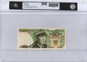 Banknot 50 zł z 1988r. seria HH, stan 1 UNC w gradingu 68