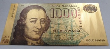 Banknot pozłacany 24k OKRĘT 1.000 marek FINLANDIA 