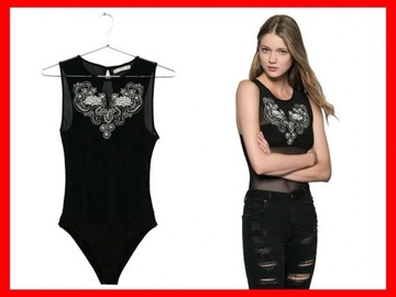 NOWE CZARNE BODY SREBRNY HAFT BERSHKA 36 38 S M