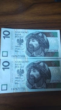 Banknoty 10 zł 2016 ciekawe numery, ser. CA