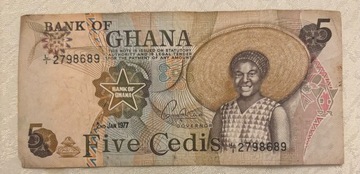 banknot, five credits, 5, Ghana, r. 1977