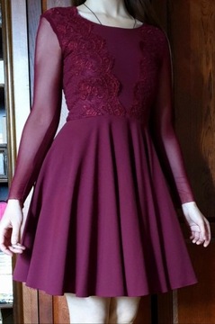 Burgundowa sukienka na długi rękaw z koronką S