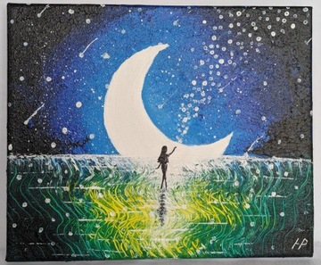 obraz "Dziewczyna Księżyc"Akryl 25x30.Ręcznie mal.