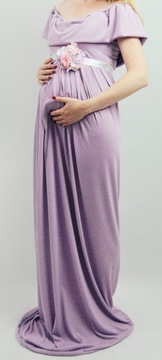 Długa fioletowa sukienka na sesję ciążową + wianek i pasek