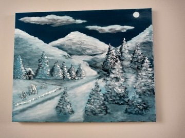 Obraz olejny Zima nocą 50x40