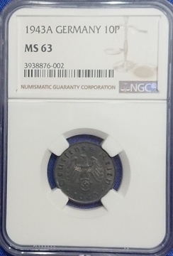 10 Reichspfennig 1943 r. III Rzesza NGC MS63