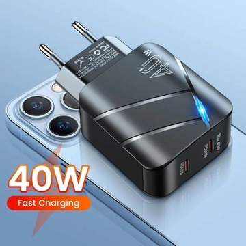 Ładowarka Sieciowa 40W PD+2xSzybki Kabel USB-C 60W