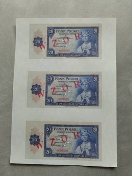 WZÓR arkusz z banknotami 20 zł LONDYN 1939 rok