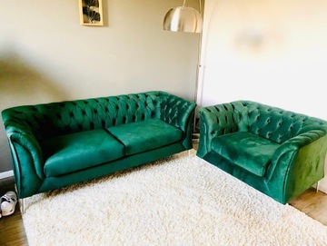 Sofa 2,5 + fotel Chesterfield butelkowa zieleń