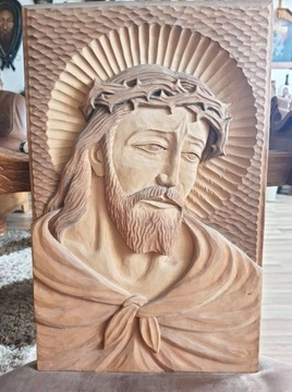 Jezus płaskorzeźba rzeźba antyk drewno 