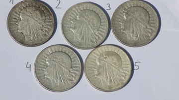 5 X 10 PLN głowa kobiety. Polonia. Srebro