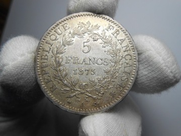 Francja 5 Franków1875 piękna duża moneta , Ag.