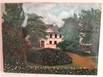 Obraz dom z ogrodem duży płótno i olej. Tanio!
