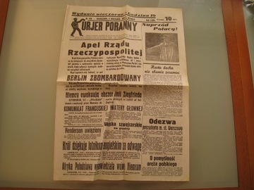 Kurjer Poranny Warszawa 5 09 1939 2 WOJNA ŚWIATOWA