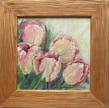 Bukiet tulipanów ręcznie malowany olej 25x25 cm.