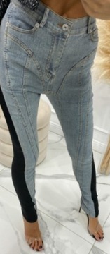 Spodnie jeansowe z czarnymi wstawkami typu mugler 