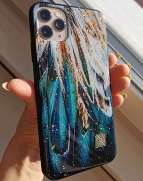 Eleganckie etui iPhone 11 Pro Max - pióra brokat