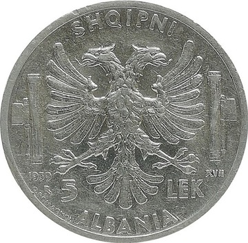 Albania 5 lek 1939, Ag KM#33