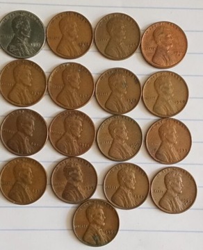 Zestaw 15 monet 1 cent do rozpoznania