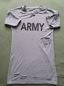 Damska Koszulka T-shirt długi rozcięcia dziury szara krotki rekaw 
