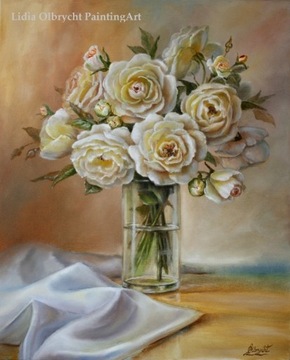 Kwiaty-Róże w Wazonie, obraz olejny, L. Olbrycht