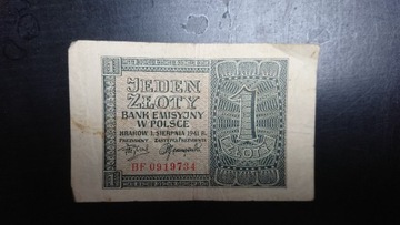 Banknot 1 JEDEN ZŁOTY 1941 BF 0919734