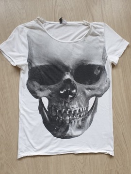 T-Shirt Slim-Fit bawełniana H&M biała motyw Czacha