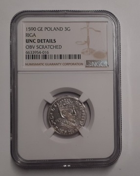  Trojak 1590 Ryga - NGC UNC Details Obv Scratched