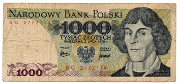 PRL BANKNOT 1000 ZŁOTYCH 1975 SERII BG M. KOPERNIK