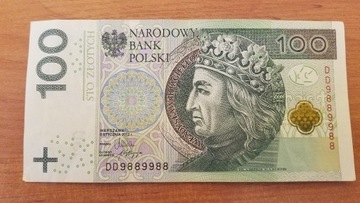 Banknot obiegowy 100 zł ładny numer DD 9889988