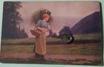 81)Tradycja, kobieta z chrustem i koszykiem