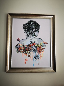Przepiekny obraz kobieta i motyle ręcznie malowany