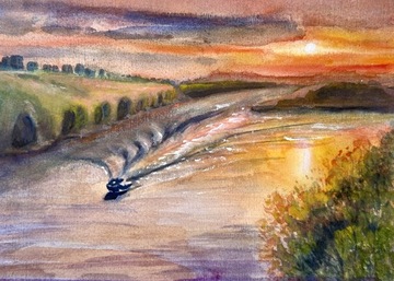 Zachód słońca nad rzeką. Akwarela A4