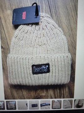 czapka beanie Levi's zimowa prążkowana logo kremow